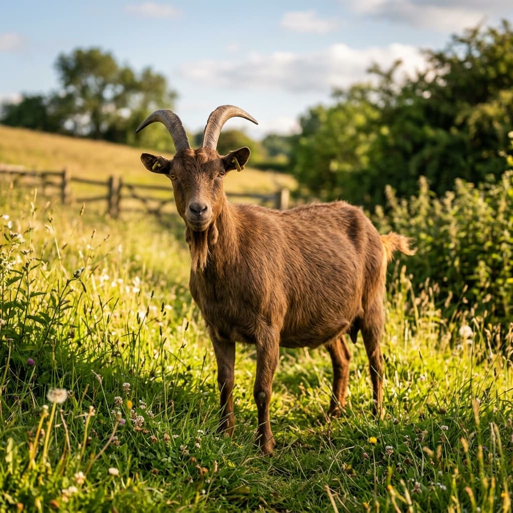 Brown goat in a sunny field